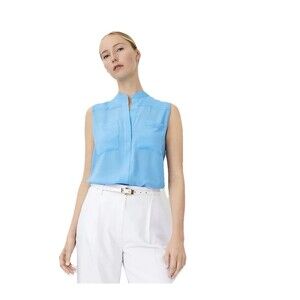 Ann Taylor Women's Petite Crystal Blue Sleeveless Mandarin Collar Camp Blouse SP
